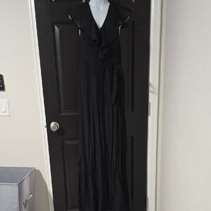 Love Black Ruffle V-Neck Maxi Dress with Waist Tie